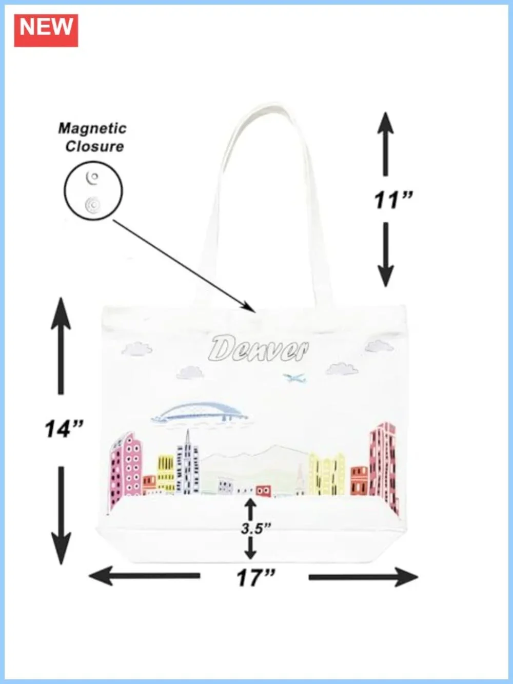 Cotton Canvas Tote Bag with Magnetic Zipper Closure, Reusable City Artwork,